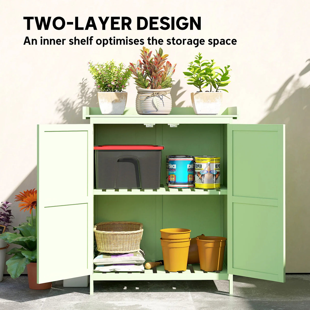 Outsunny Wooden Garden Shed, Garden Tool Storage Shed with Hinged Roof and Shelf, Outdoor Storage Cabinet with Double Doors, Light Green