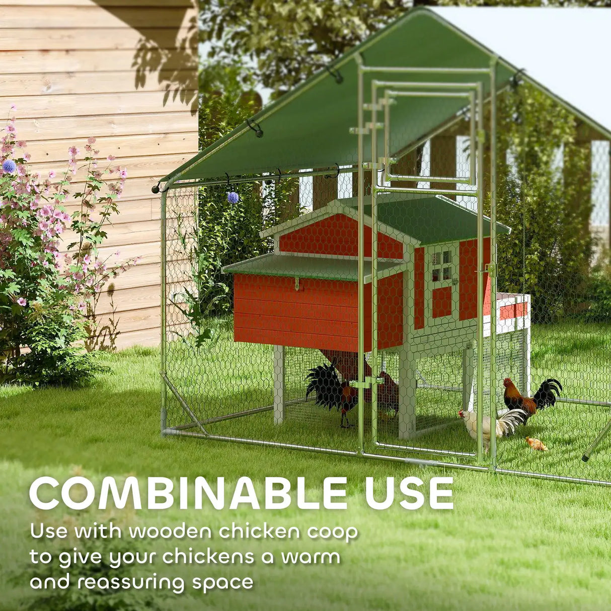 PawHut Walk-in Chicken Run w/ Cover, Feeding Door, Hanging Feeder, Perch, for 6-8 Poultry