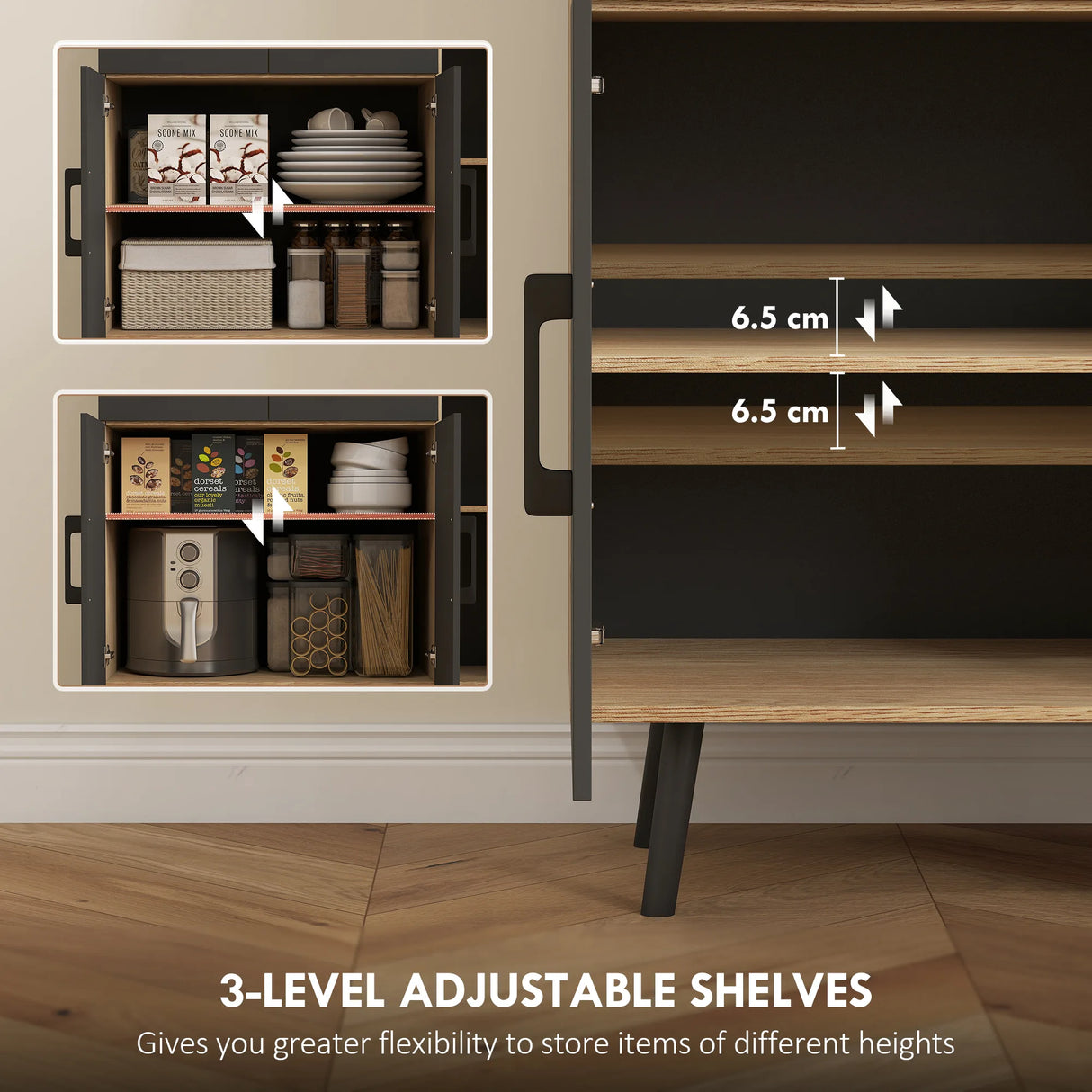 HOMCOM 176 cm Kitchen Cupboard with LED Lights - Oak and Black