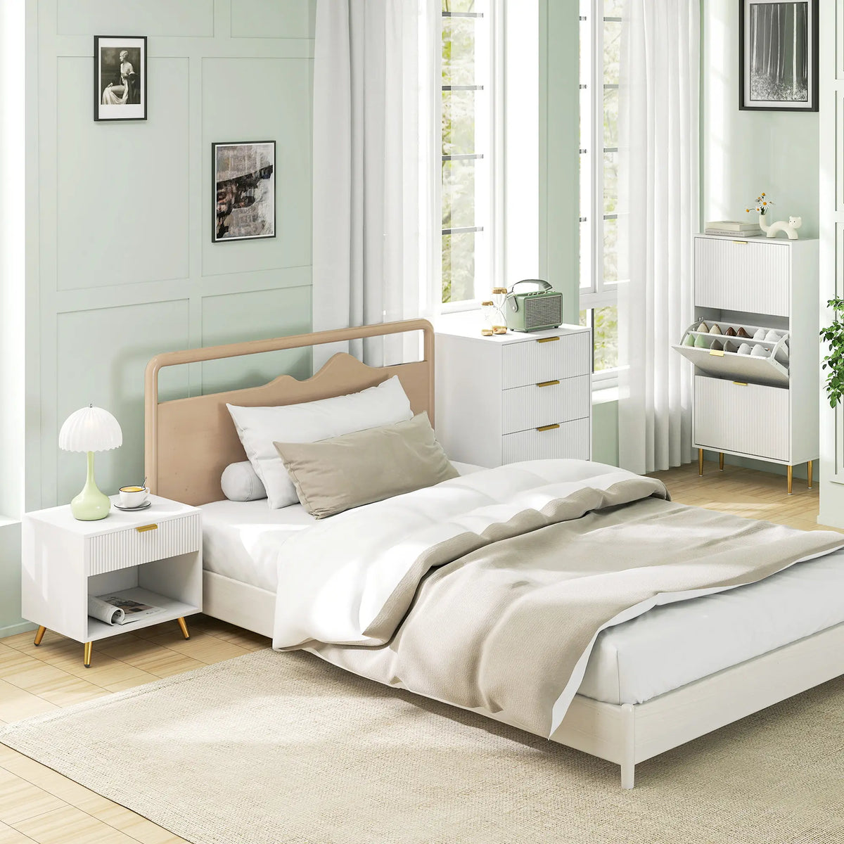HOMCOM Elegant Bedside Table, with Drawer and Shelf - White/Gold Tone