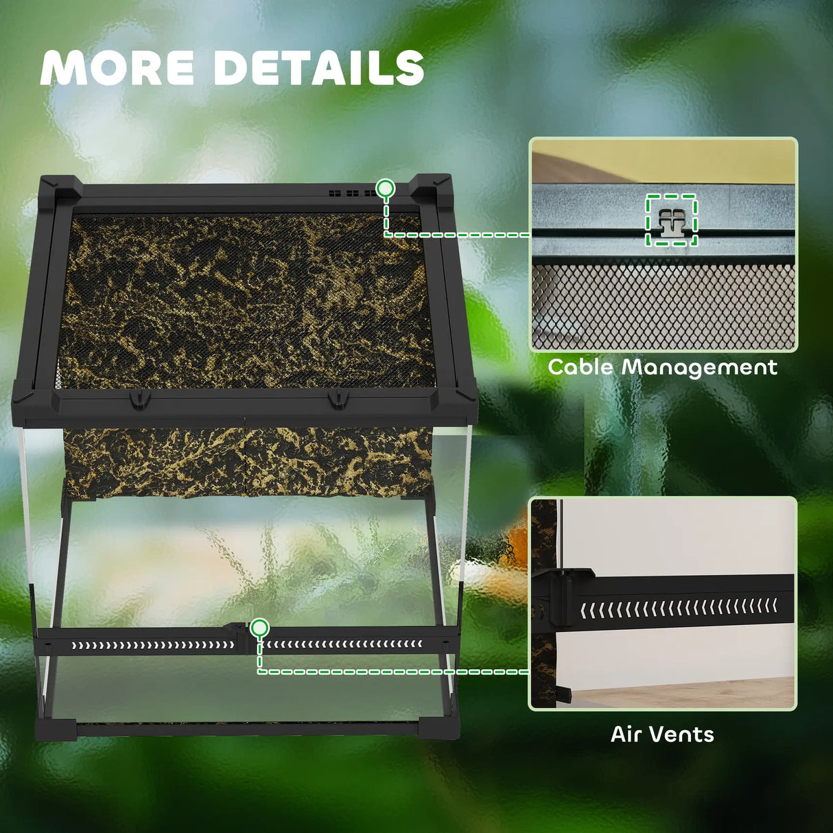 PawHut Reptile Glass Terrarium with Stone Background, Front Ventilation, Escape-Proof Knob Lock, 30 x 30 x 30 cm, Black