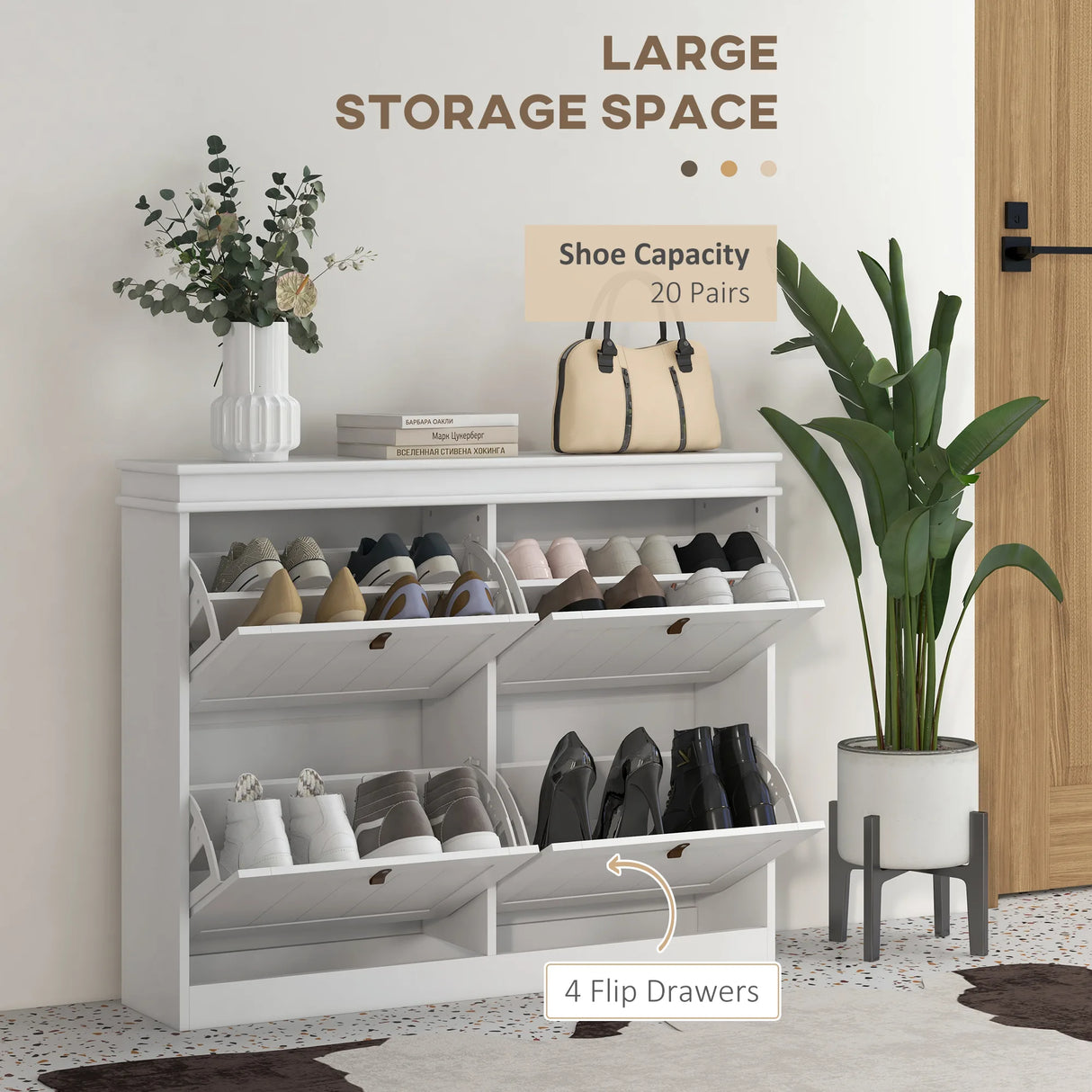 HOMCOM Slim Shoe Cabinet, Shoe Cabinet with 4 Drop-Down Drawers, 105W x 24D x 82.5H cm, White