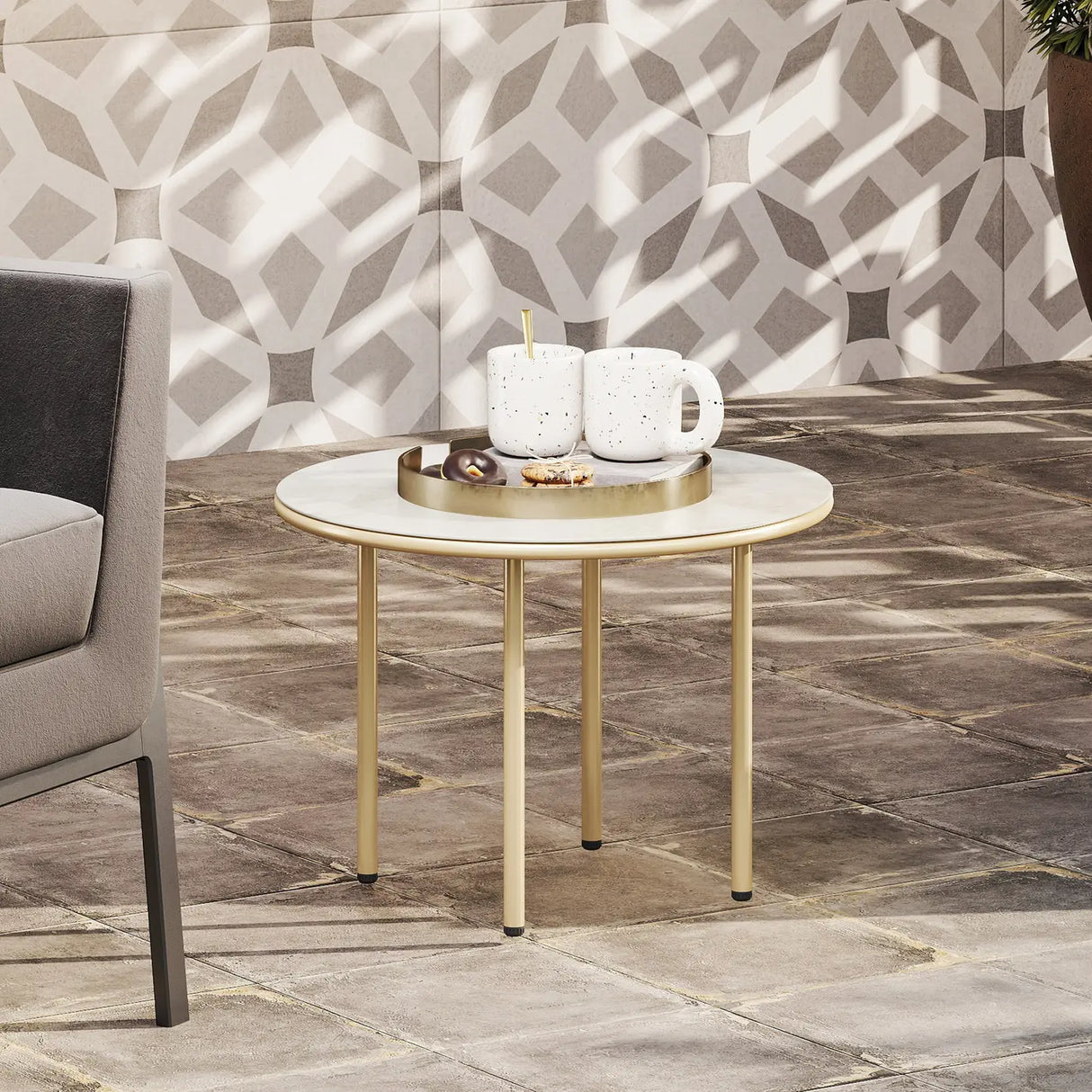 Outsunny Round Coffee Table, Modern End Side Table with Faux Marble Tempered Glass Top, Steel Frame for Living Room, Bedroom, Office, Beige