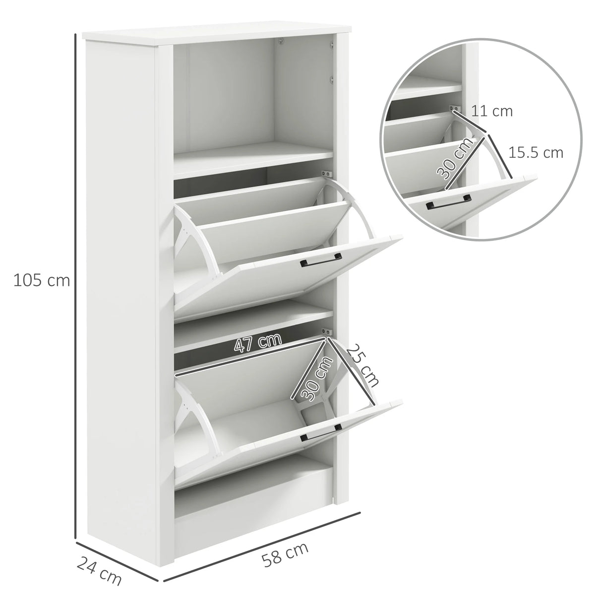 HOMCOM Modern Shoe Cabinet with 2 Flip Drawers and Adjustable Shelves, Narrow Shoe Storage Cabinet with Open Compartment, Holds 10 Pairs for Entryway, Hallway, White