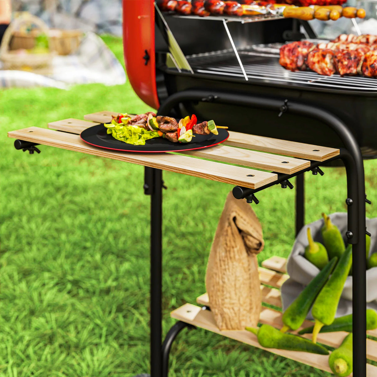Outsunny Charcoal Barbecue Grill Portable BBQ Grill with 1840 cm2 Cooking Area, 3 Shelves, Adjustable Vent, Lockable Lid, Wheels for Outdoor Cooking, Garden Party, Red