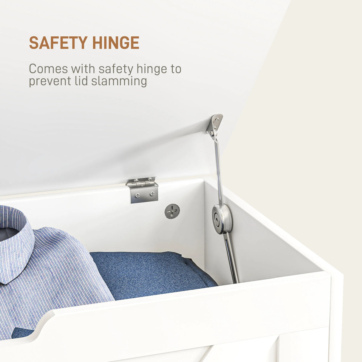 HOMCOM 100L Home Storage Box, with Safety Hinges - White Wood-Effect