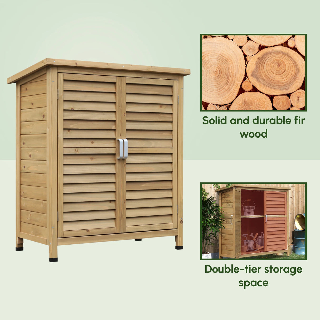 Outsunny Garden Shed Wooden Garden Storage Shed 2 Door Unit Solid Fir Wood Garage Tool Organisation Cabinet, 87L x 46.5W x 96.5Hcm, Natural