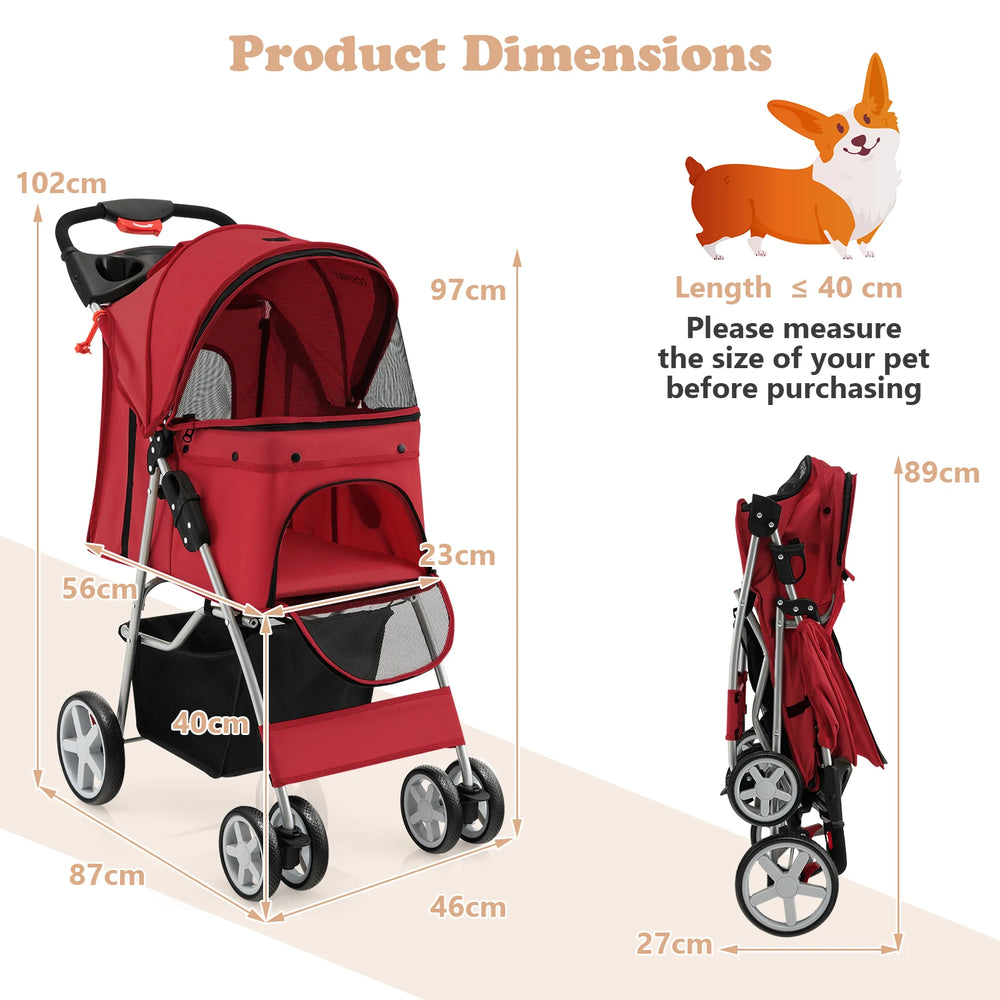 Pet Stroller Folding Dog Stroller with Storage Basket Cup Holders and Mesh Window Travel Cart with 4 Wheels Red