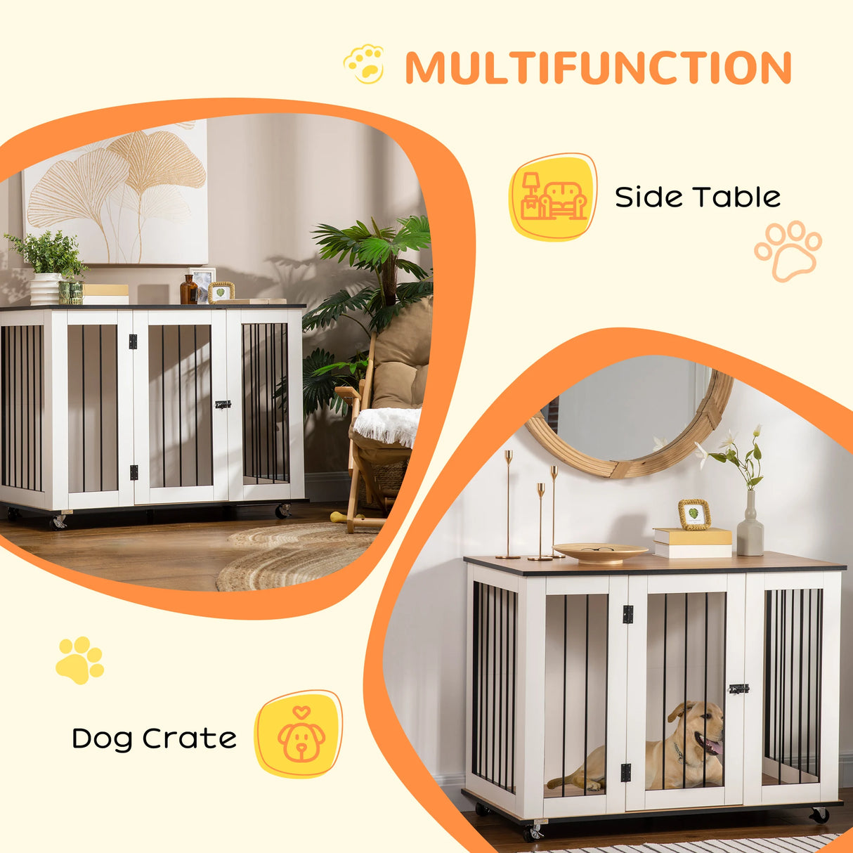PawHut Dog Crate Furniture, Dog Cage End Table, with Wheels, for Large Dogs, 106 x 60 x 82 cm  - White