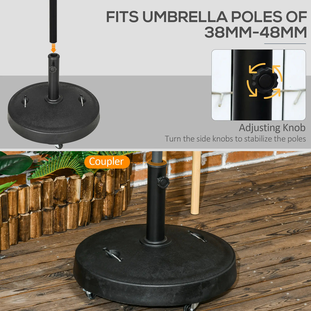 Outsunny 23.5kg Resin Garden Parasol Base with Wheels and Retractable Handles, Round Outdoor Market Umbrella Stand Weight for Poles of 38mm to 48mm, Black