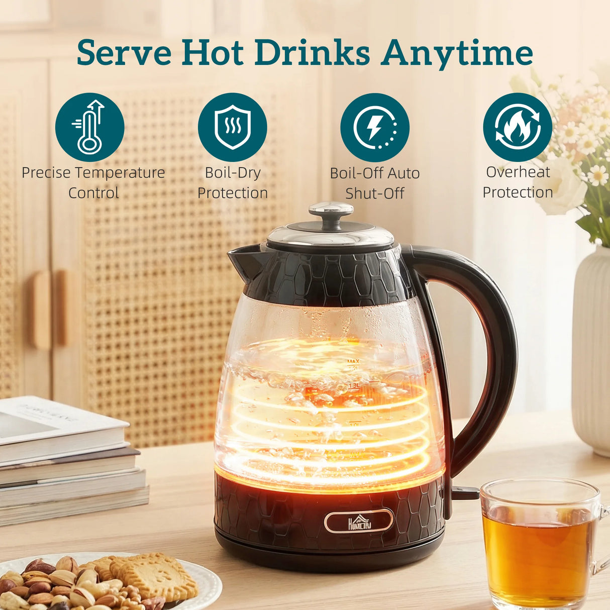 HOMCOM Kettle and Toaster Set, 1.7L 3000W Rapid Kettle with Limescale Filter, 2 Slice Toaster with 7 Browning Controls, Black