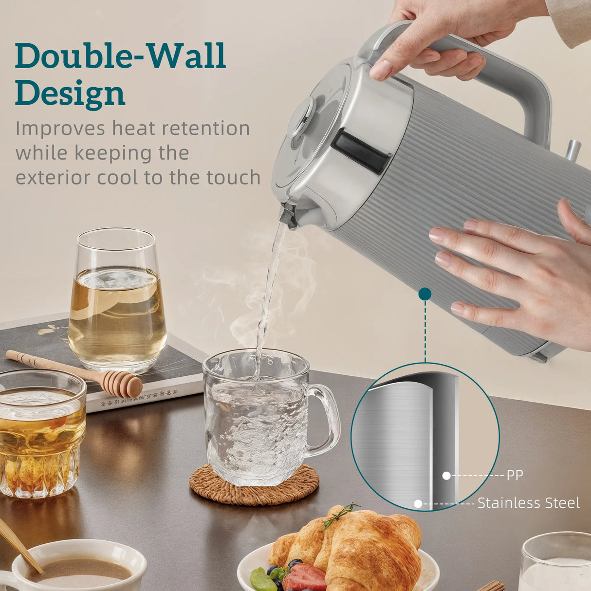 HOMCOM Electric Stainless Steel Kettle and Toaster Set, 3000W 1.7L UK Strix Thermostat Fast Boil Kettle w/ Limescale Filter, Cool Touch Body, 4 Slice Toaster with 7 Browning Levels, Crumb Tray, Tan