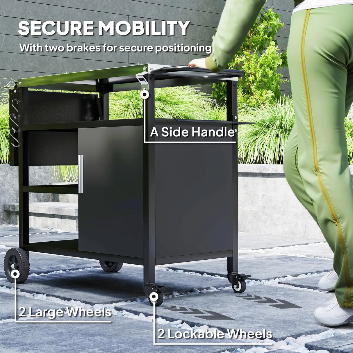 Outsunny Outdoor BBQ Trolley with Foldable Side Table, Stainless Steel Top, Outdoor Kitchen with Wheels Hooks Shelves Cabinet, Pizza Oven Table Movable Barbecue Grill Dining Cart with Cover, Black