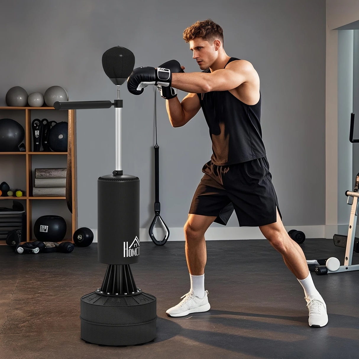 HOMCOM 155-205cm 3-IN-1 Freestanding Boxing Punching Bag Stand, Boxing Speed Trainer with Rotating Flexible Arm, Speed Ball, Fillable Base, Black