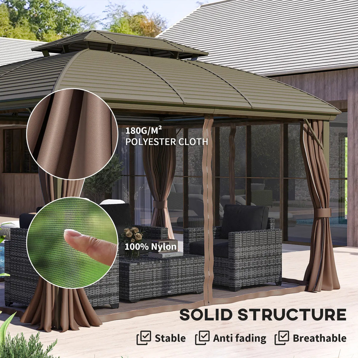 Outsunny 3.65 x 3(m) Hardtop Steel Gazebo Canopy with Aluminium Frame, Double Roof, Net Sidewalls and Curtains, Coffee