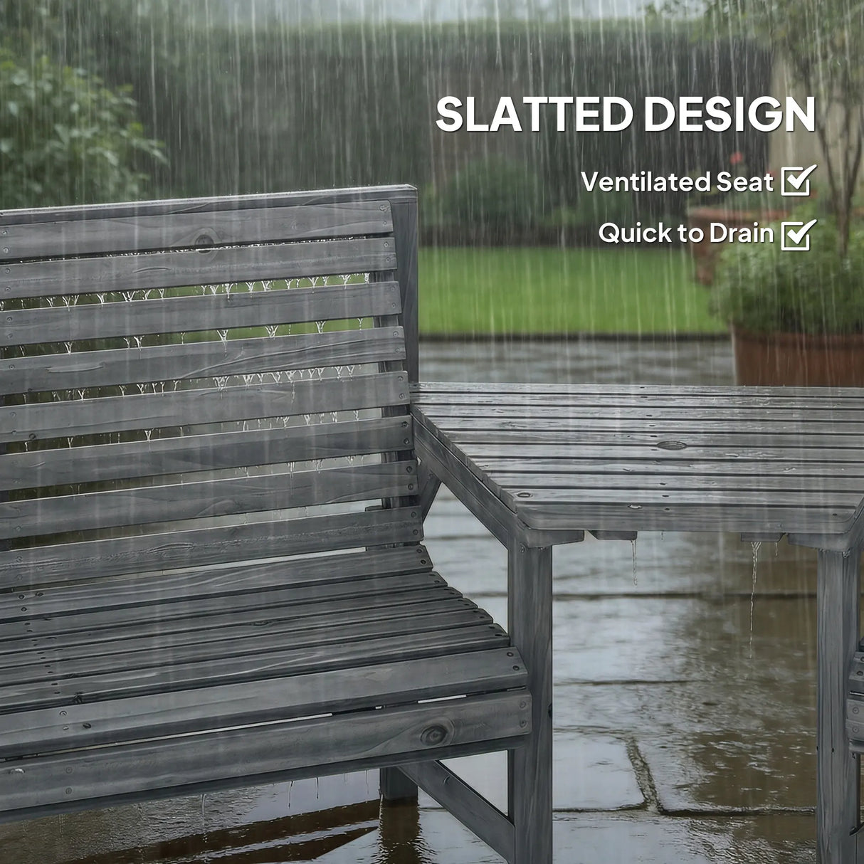 Outsunny Wooden Garden Furniture Set with Parasol Hole, 1 Chair, 1 Bench and Detachable Table, Grey Embossed Finish