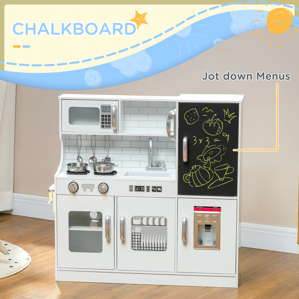 AIYAPLAY Pretend Play Kitchen, Kids Kitchen Playset, with Toy Phone, Chalkboard, Microwave, Cooking Stove, Sink, White