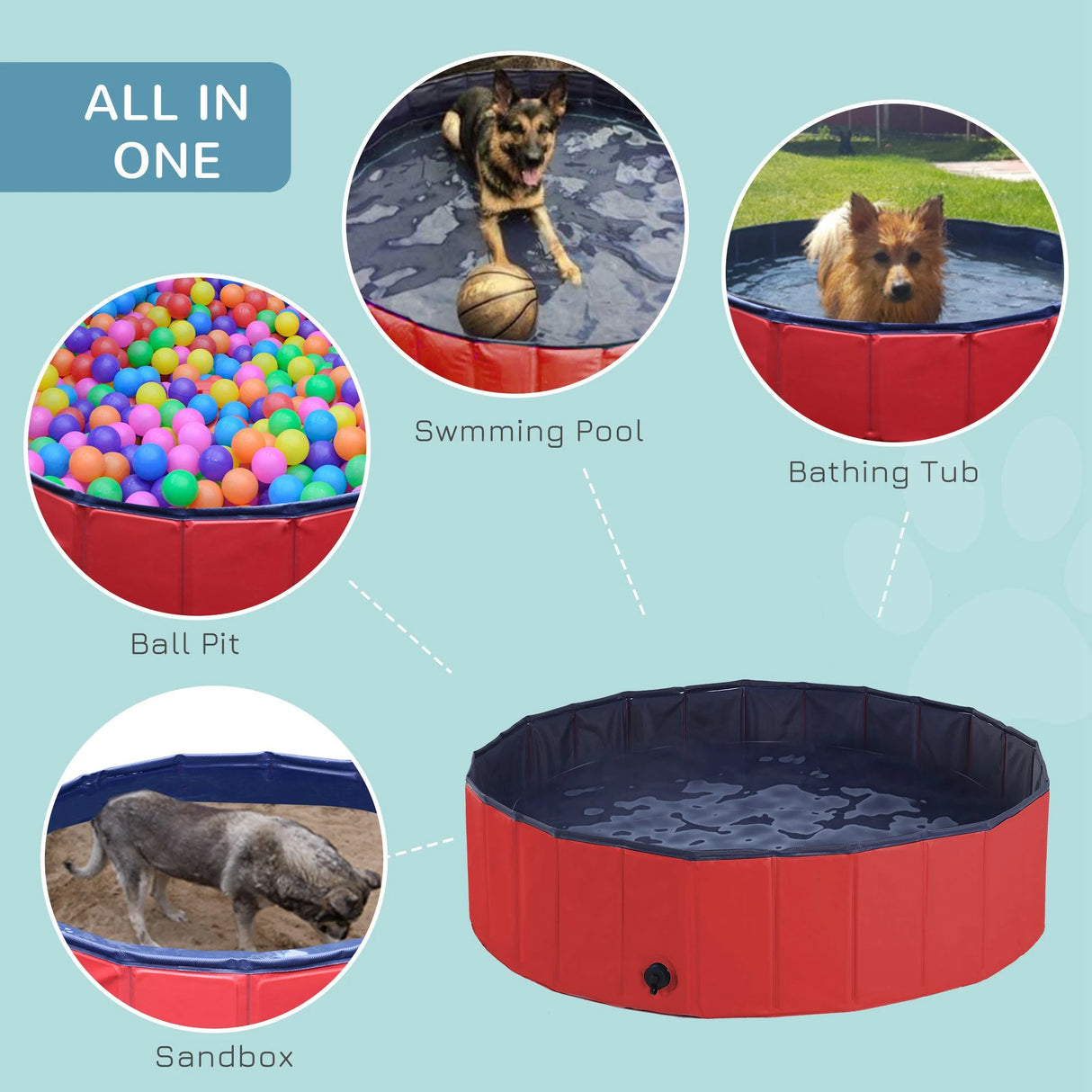PawHut Dog Paddling Pool, Foldable Dog Pool, Leakproof & Hard Plastic, Portable Pet Bathtub with Non-Slip Base & Drainage Hole, for Indoors, Outdoors, Garden, Patio, 120 x 30 cm, Red