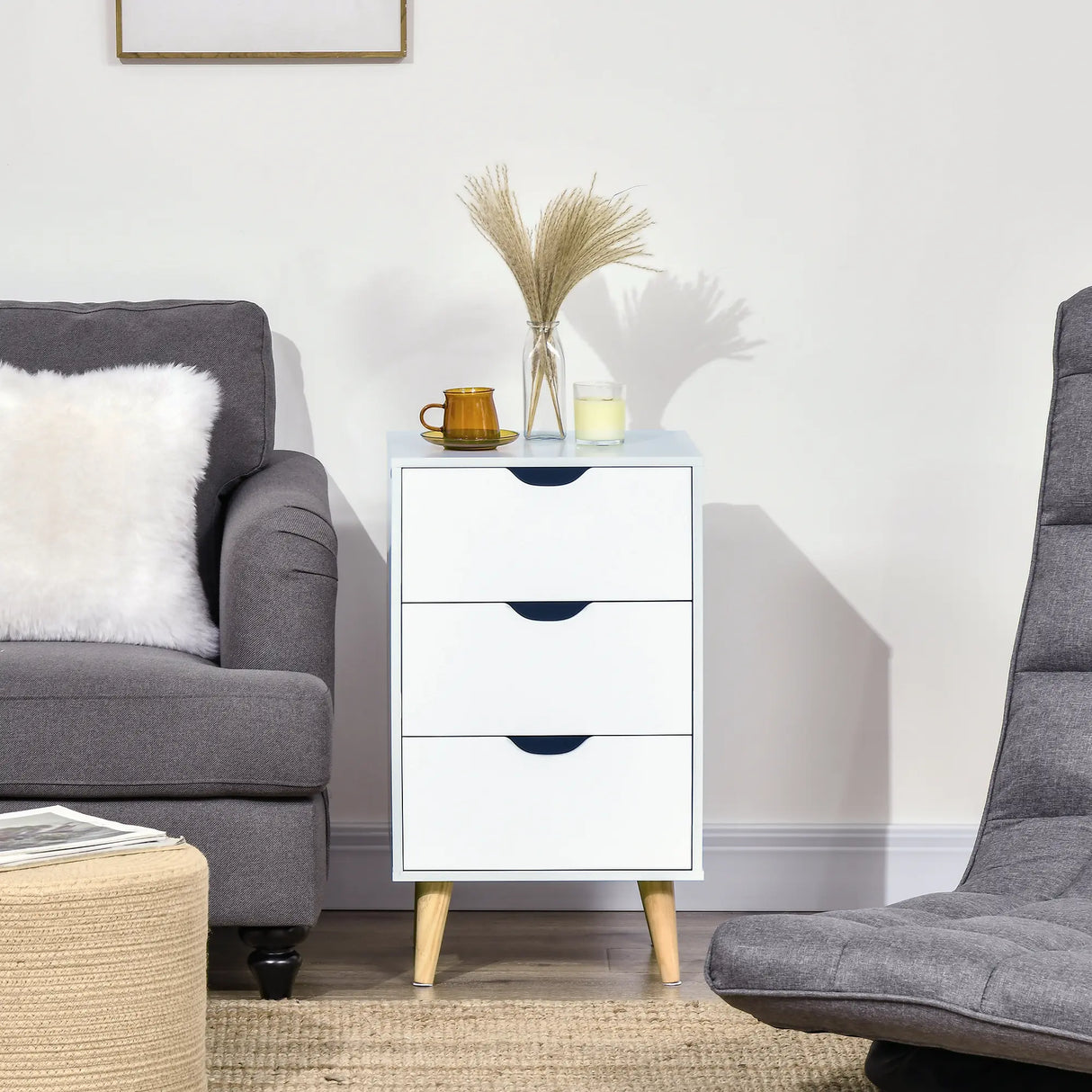 HOMCOM Bedside Table, Bedside Cabinet with 3 Drawers, Side End Table with Pine Wood Legs for Bedroom Living Room, Cream White