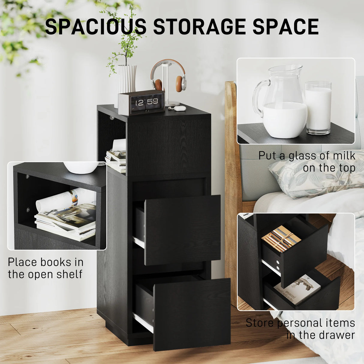 HOMCOM Slim Bedside Table, Narrow Bedside Cabinet with Open Shelf and 2 Drawers for Bedroom, Living Room, Black