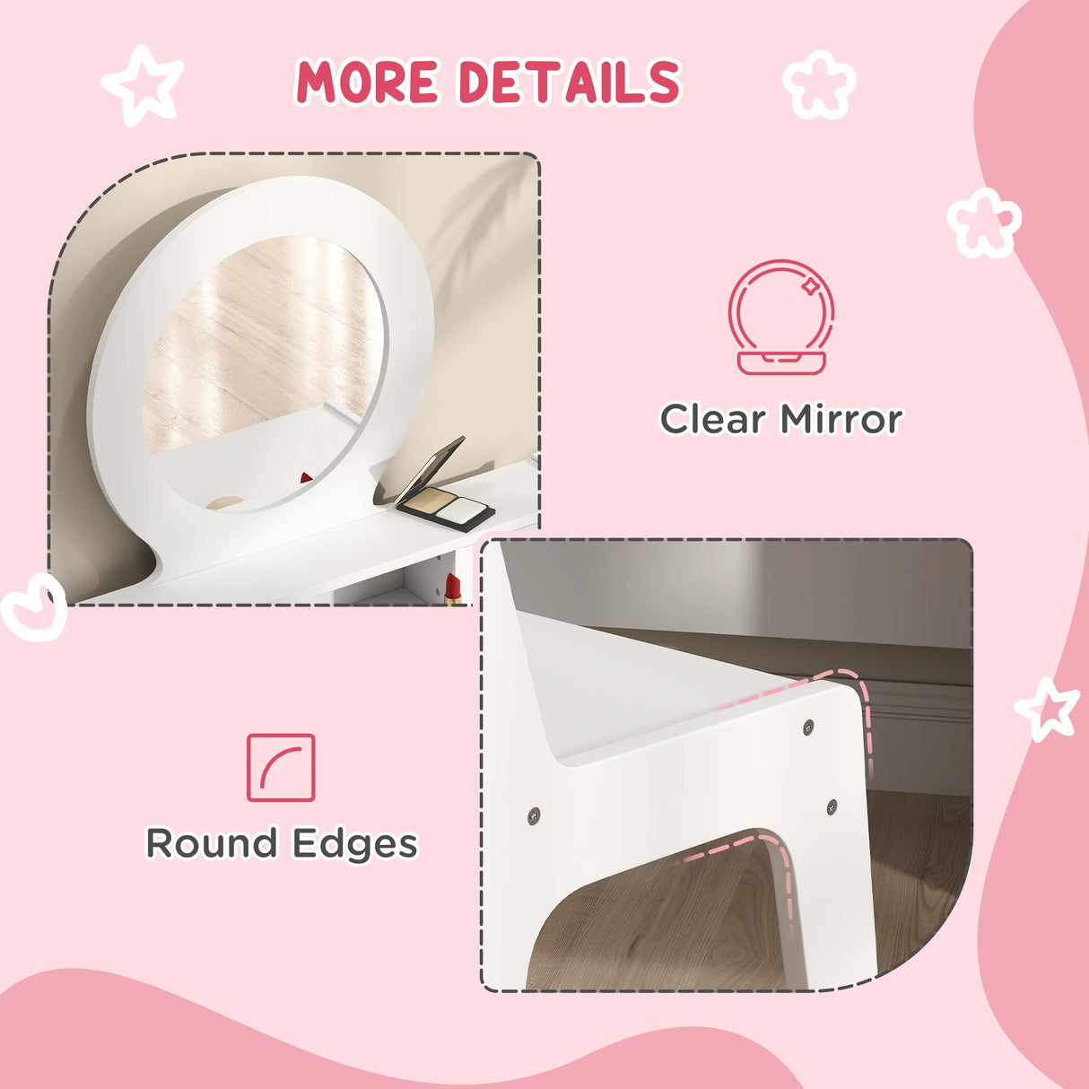 AIYAPLAY Kids Dressing Table Set Kids Make up Table with Stool and Mirror, Storage Drawers, Gift for Aged 3-8