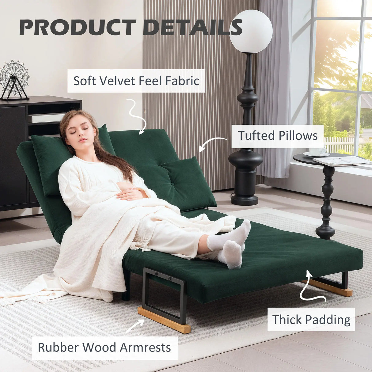 HOMCOM 4-in-1 Velvet-Feel Double Sofa Bed, with Pillows - Green