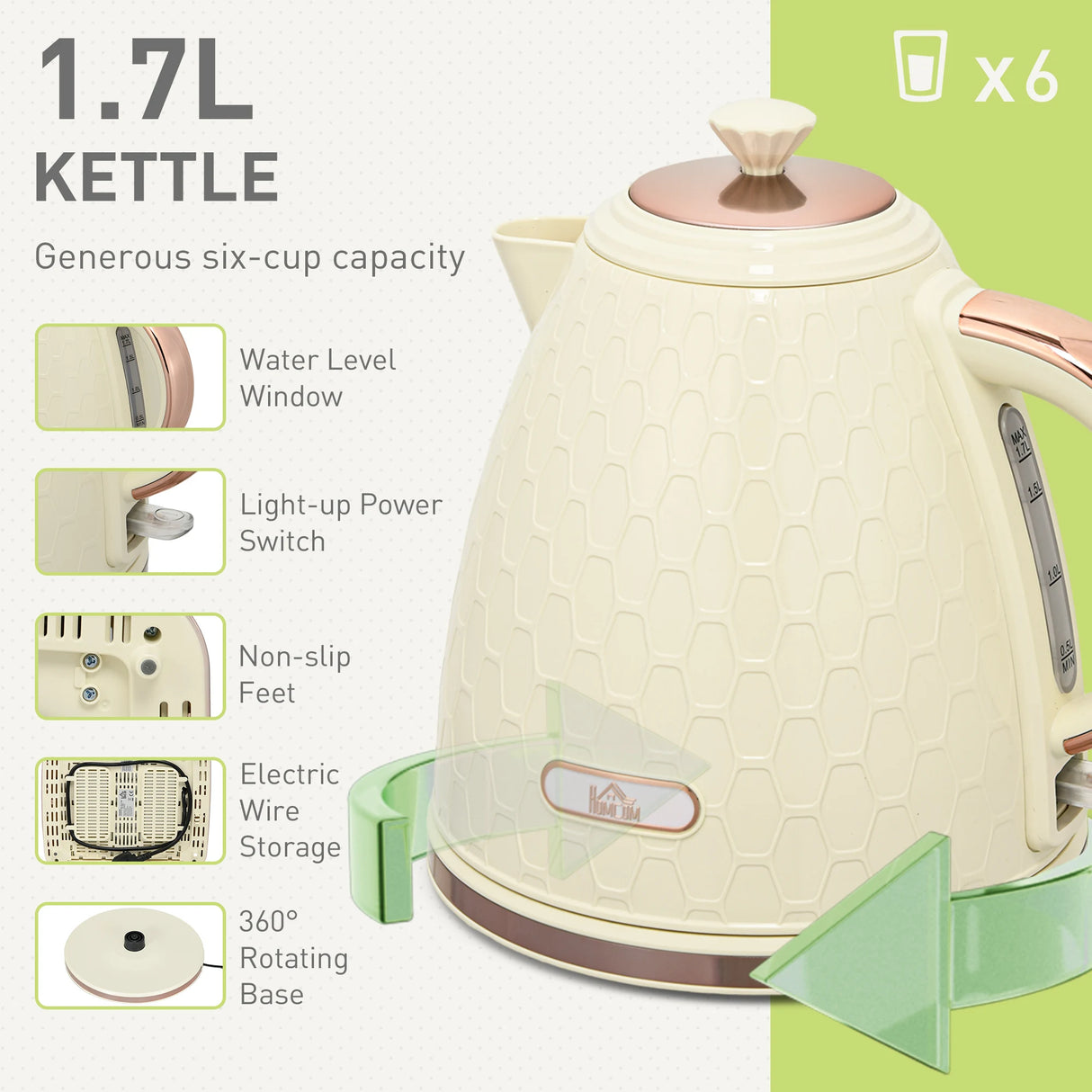 HOMCOM Kettle and Toaster Set, 1.7L 3000W Fast Boil Jug Kettle, 4 Slice Toaster with 7 Level Browning Controls, Beige