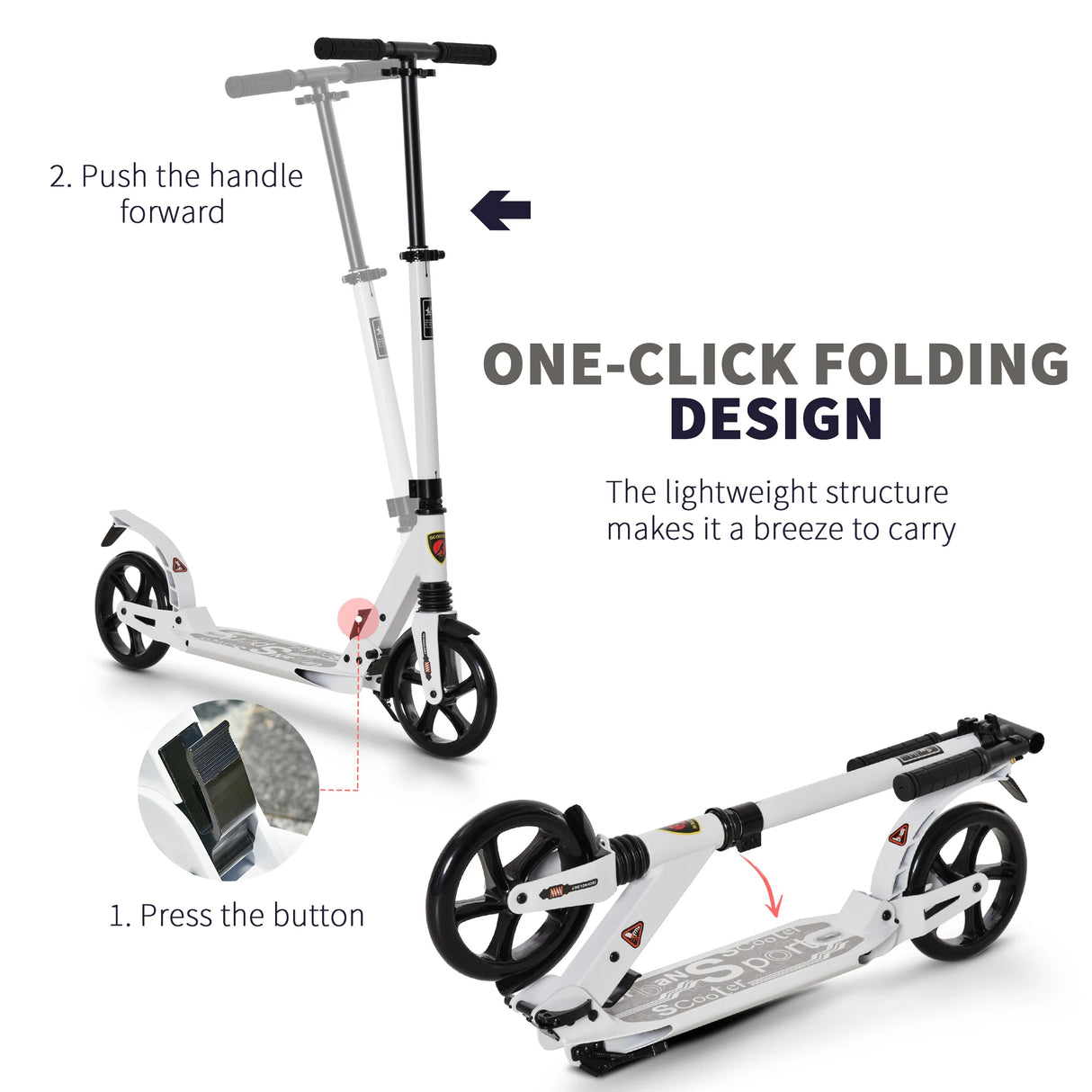 HOMCOM Folding Kick Scooter, Adjustable Ride On Scooter with 200mm Big Wheels and Double Shock Absorption, Urban Scooter for 14+ Teens Adult, White