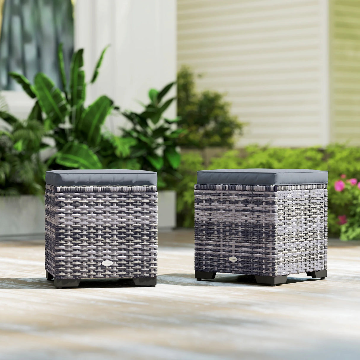 Outsunny Set of 2 Rattan Storage Ottoman, Outdoor Footstool with Removable Cushions, Garden Storage Seat for Balcony, Porch, Living Room, Dark Grey