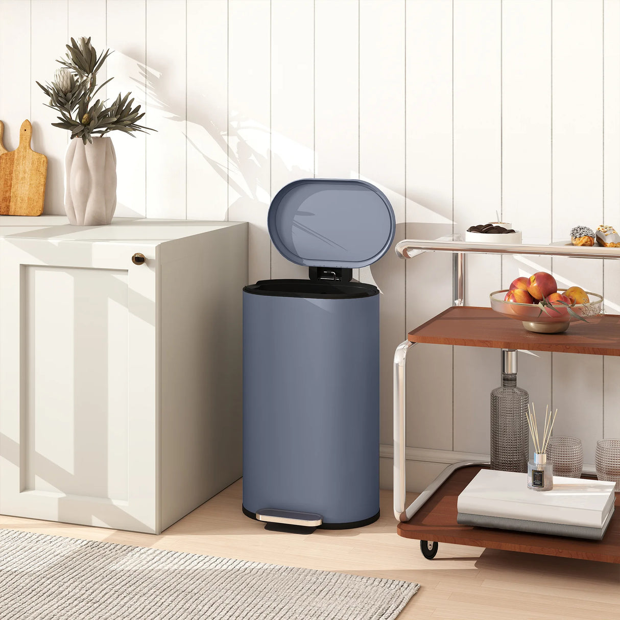 HOMCOM 30L Kitchen Bin with 90 Stay-Open Lid, Slim Rectangular Pedal Bin with Soft-Close Lid, Removable Inner Bucket for Home Office, Fingerprint-Resistant, Grey