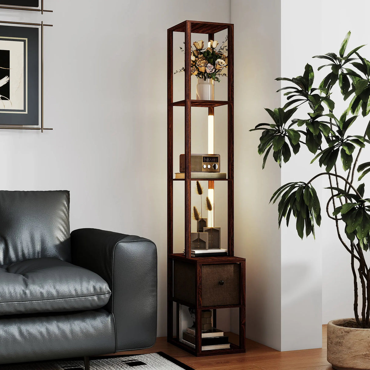 HOMCOM Floor Lamp with Shelves, LED Column Modern Standing Lamp with Fabric Drawer, Adjustable Brightness, Foot Switch for Living Room, Bedroom, Office, Dark Brown