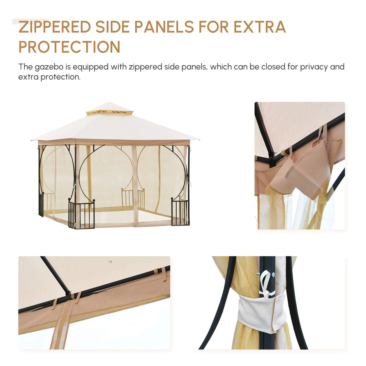 Outsunny 3 x 3(m) Garden Gazebo Patio Party Tent Shelter Outdoor Canopy Double Tier Sun Shade Metal Frame Netting, Beige