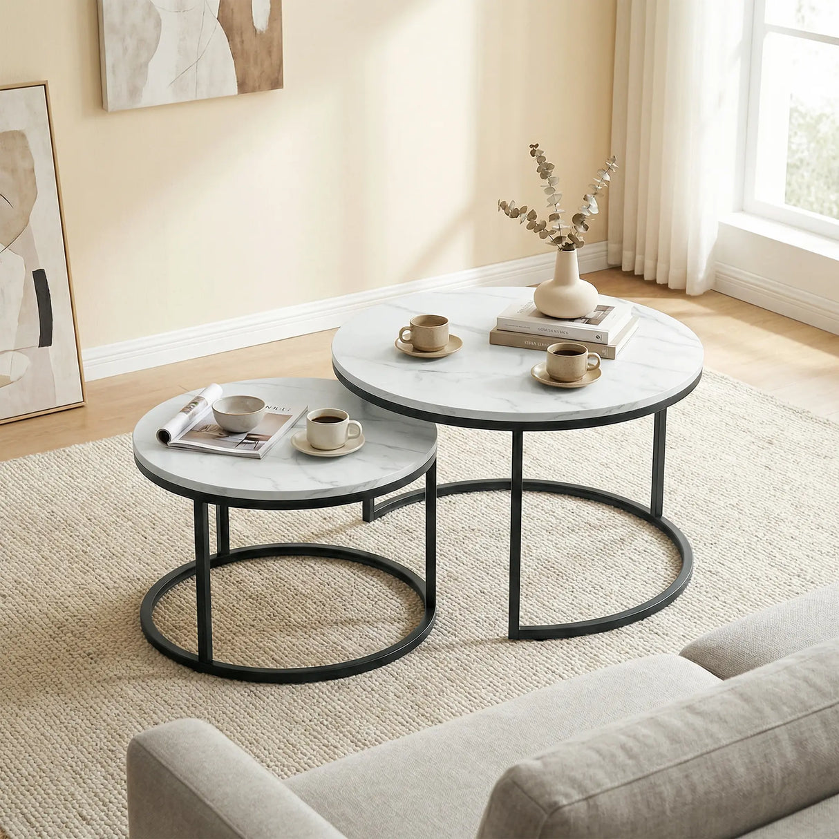 HOMCOM Set of Two Marble-Effect Stacking Tables - White