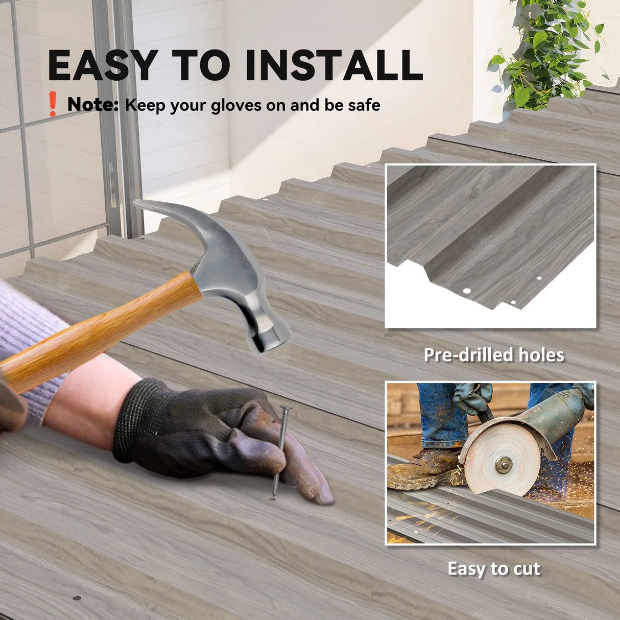 Outsunny Set of 12 Corrugated Steel Roof Sheet Panels - Grey Wood Effect