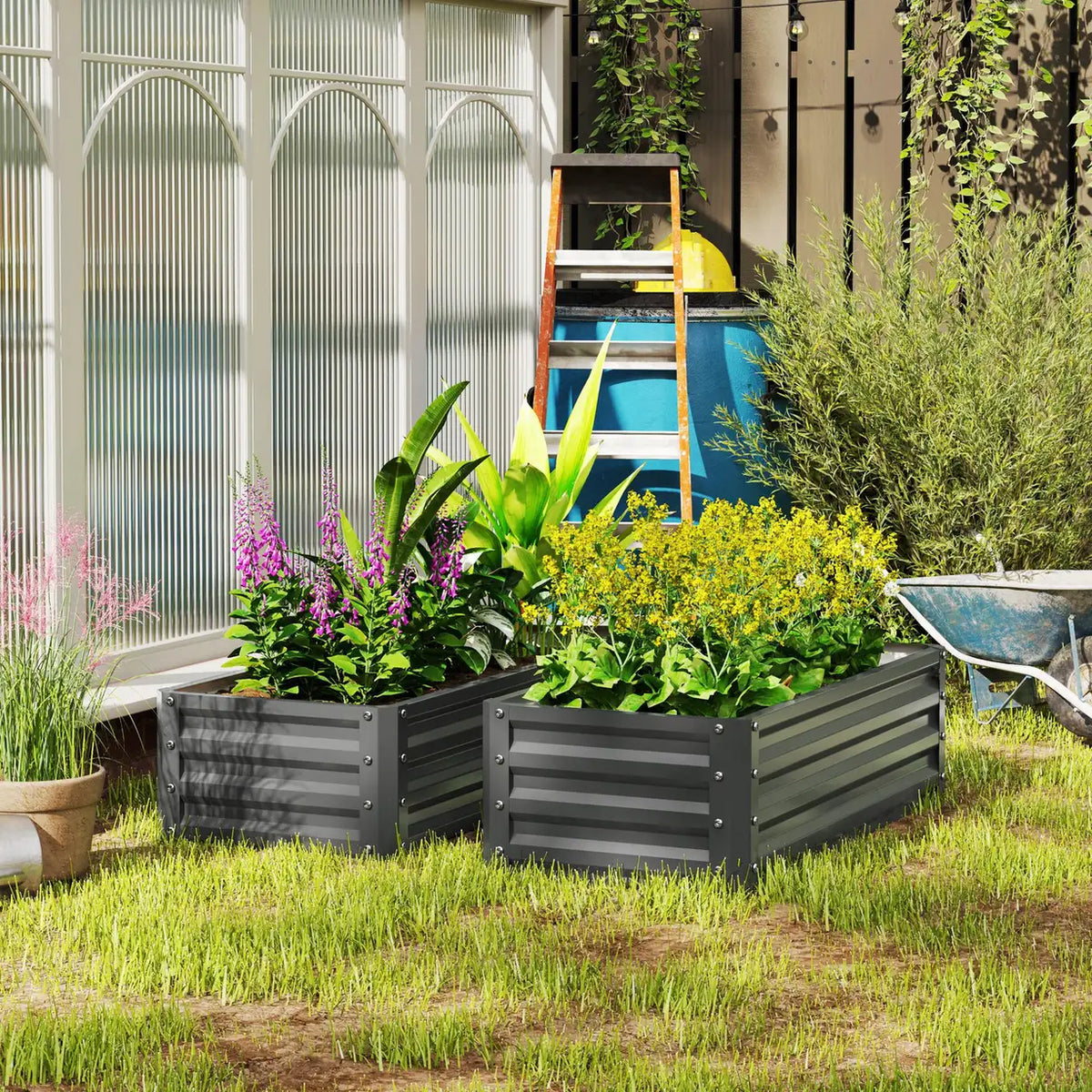 Outsunny Set of Two 110 x 50cm Steel Planter Boxes - Light Grey