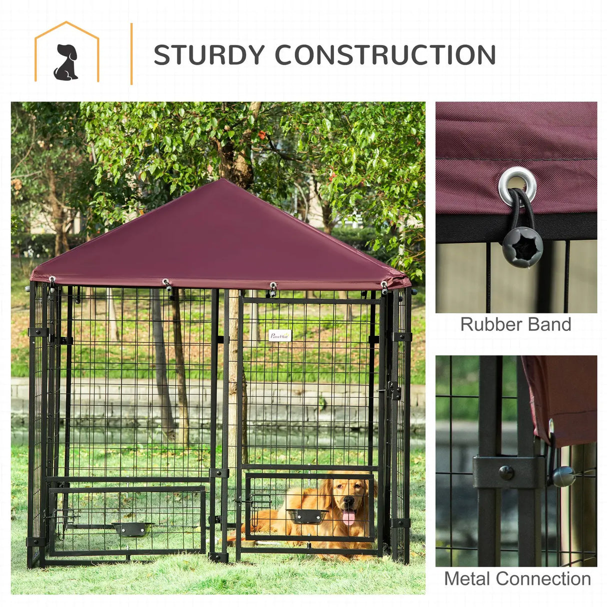PawHut Outdoor Dog Kennel with Rotating Bowl Holders, Water and UV-Resistant Cover, for Medium, Small Dogs, Red