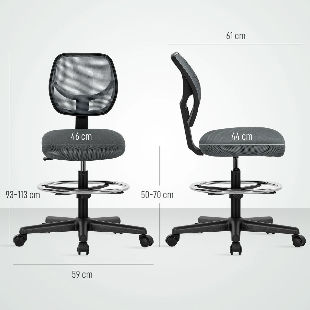 Vinsetto Ergonomic Mesh Standing Desk Chair with Adjustable Footrest Ring and Seat Height Charcoal Grey