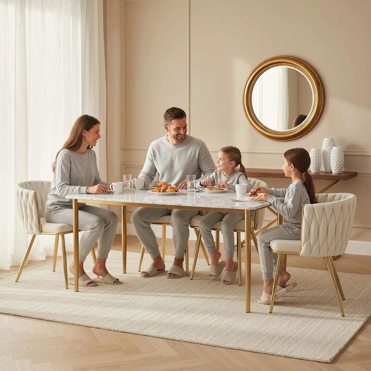 HOMCOM Velvet-Feel Dining Chairs Set of 2, Modern Upholstered Kitchen Chairs with Woven Backrest and Armrests, Metal Legs and Padded Seat for Dining Room, Bedroom, Living Room, Cream