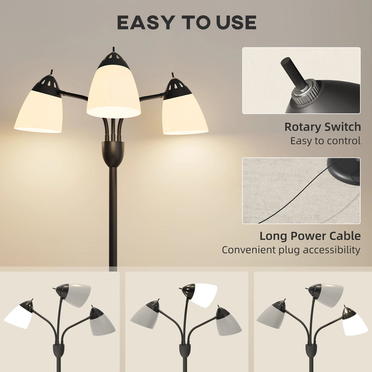 HOMCOM Arc Tree Floor Lamp with 3 Adjustable Rotating Lights and 3000K/4500K/6500K Colour Temperatures, Industrial Standing Lamp with Steel Frame for Bedroom Living Room, 155cm, Black