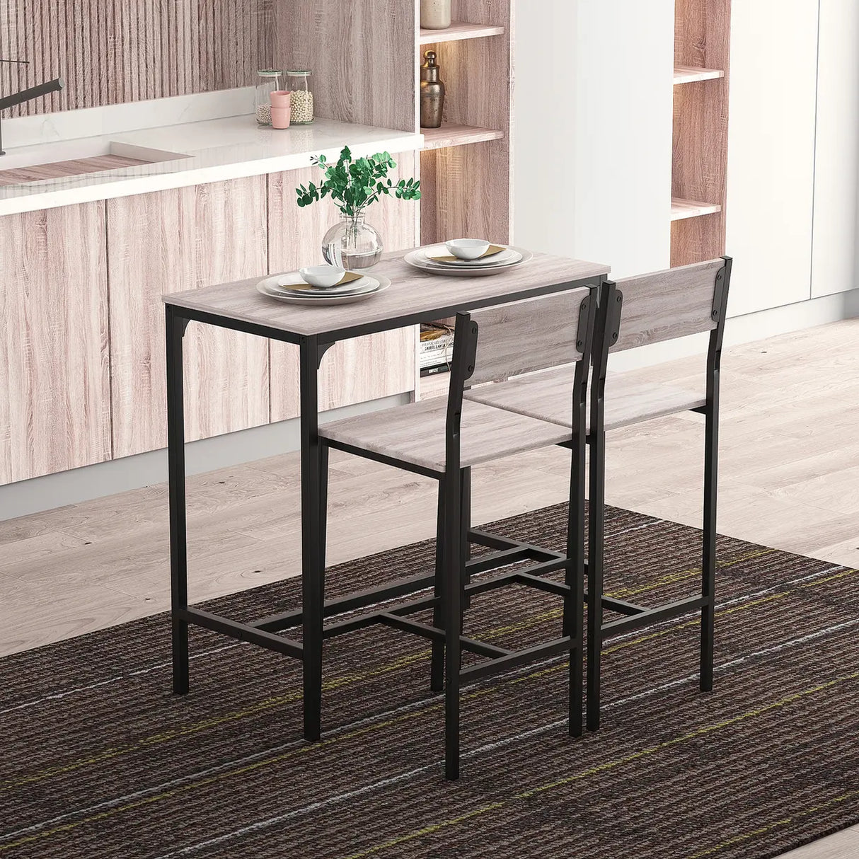 HOMCOM 3 Pcs Table Stool Set Industrial Design w/ Metal Frame Oak Tone MDF Panels Minimal Compact Beautiful