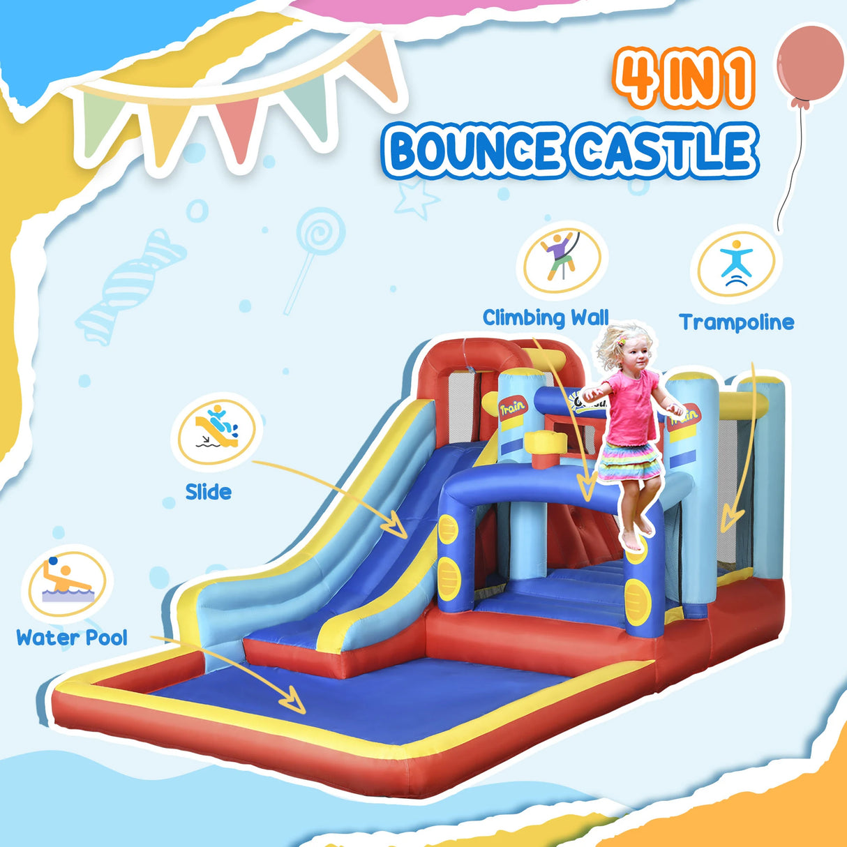 Outsunny 4-in-1 Bouncy Castle, with Slide, Trampoline, Climbing Wall, Blower, Multicoloured