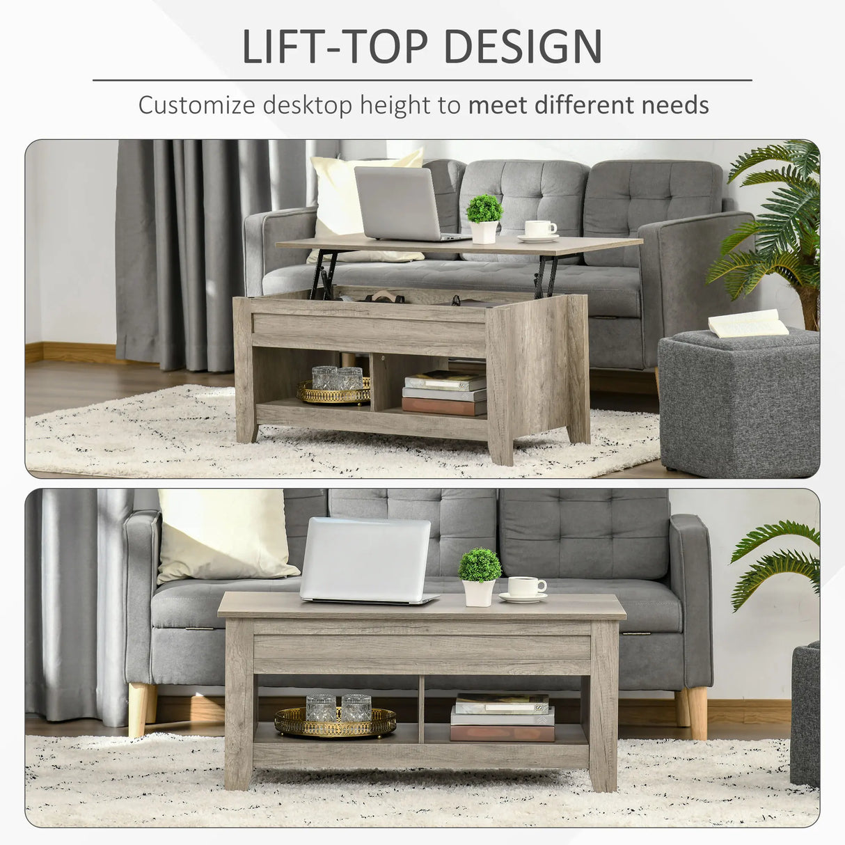 HOMCOM Lift Top Coffee Table w/ Hidden Storage Compartment Open Shelves Lift Tabletop Pop Up Centre Table for Living Room Oak Effect