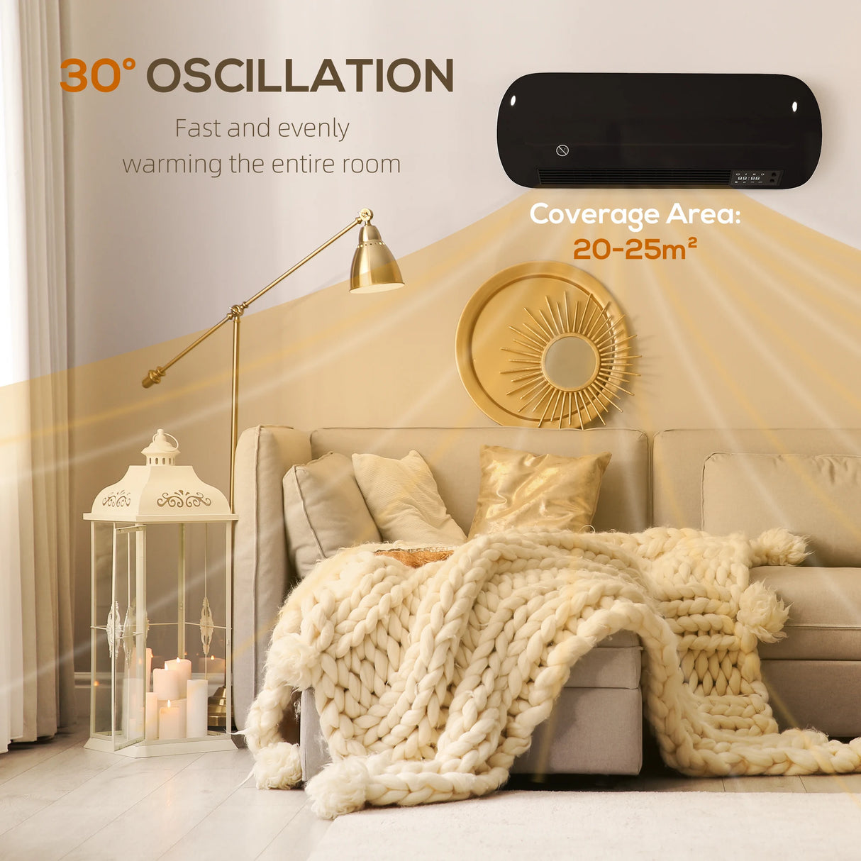 HOMCOM 2000W Ceramic Electric Heater with Fan, Adjustable Thermostat, Wall Mounted - Black