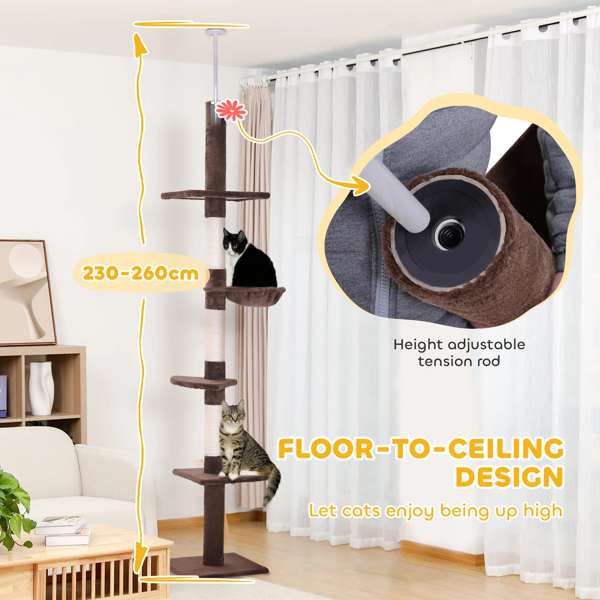 PawHut Floor to Ceiling Cat Tree Height Adjustable 230-260cm, 5-Tier Cat Tower with Scratching Post, Hammock, Perches, Climbing Activity Centre for Indoor Kittens, Brown