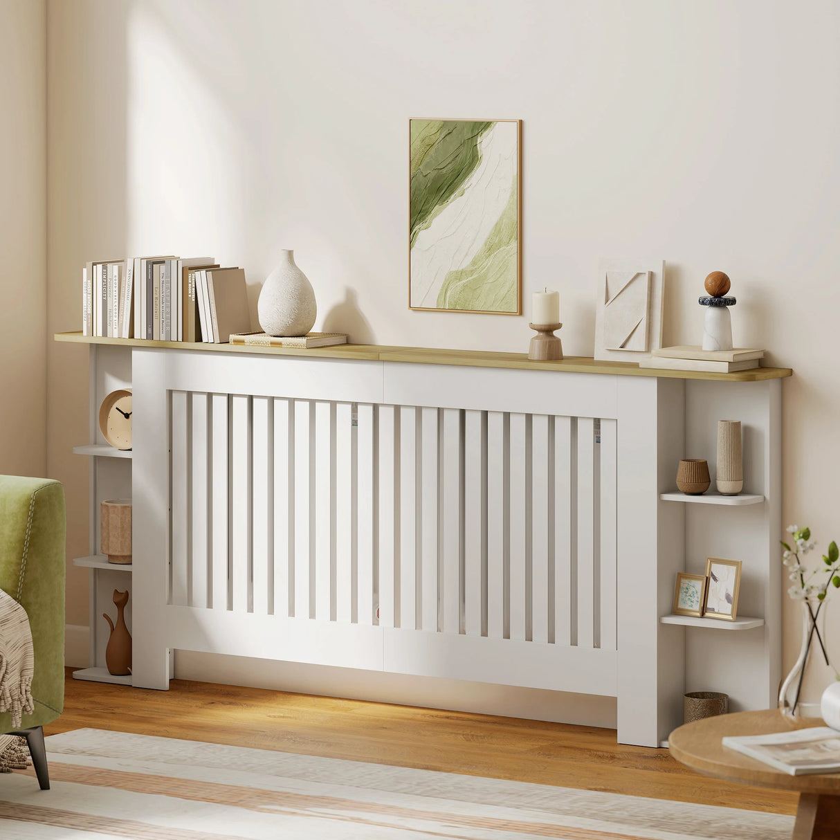 HOMCOM Radiator Cover with Open Storage Shelves, Vertical Slatted Cabinet Shelf Heater Cover for Living Room, Hallway, Extra Large, White (H: 83 / W: 191 / D: 19 cm)
