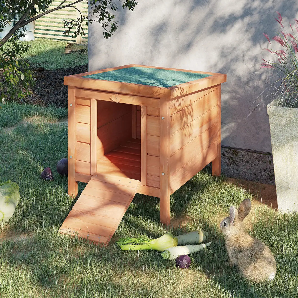 PawHut Wooden Rabbit Hutch Outdoor, Guinea Pig Hutch, Rabbit Hideaway, Cat House, Bunny Cage Small Animal House 51 x 42 x 43 cm, Natural