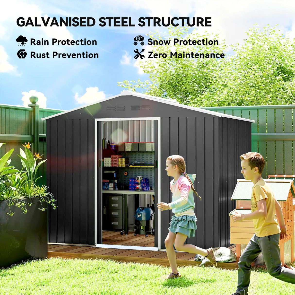 Outsunny 8 x 6ft Galvanised Steel Shed, with Double Door - Dark Grey