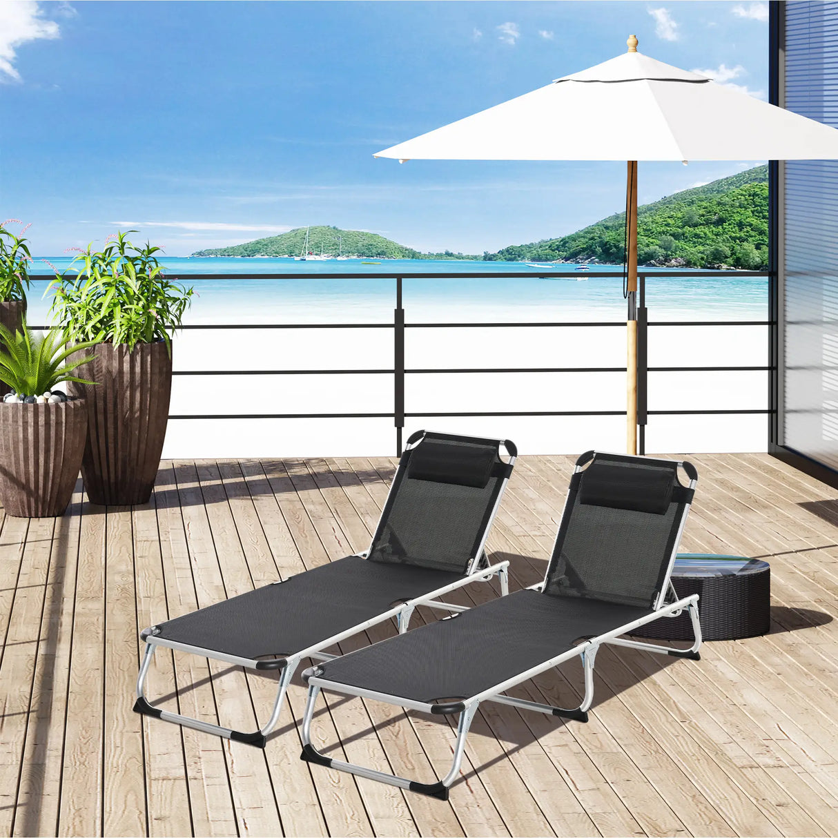 Outsunny Foldable Outdoor Sun Loungers Set of 2, Reclining Lounge Chair Camping Bed Cot with Pillow 4-Level Adjustable Back Aluminium Frame, Black