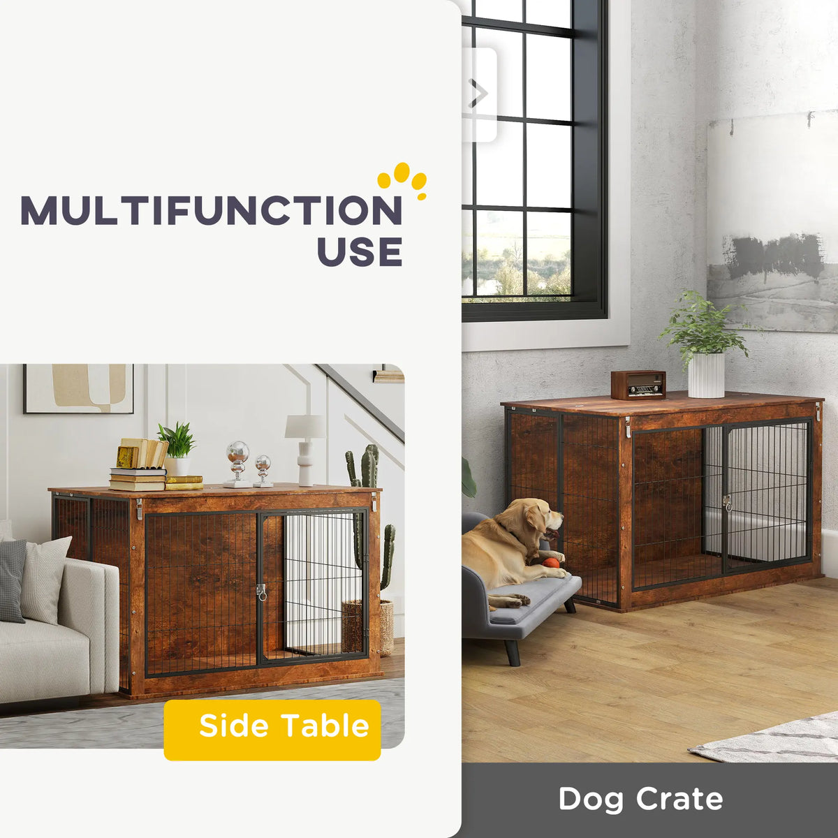 PawHut 46.46'' Dog Crate Furniture with Openable Top, Two Lockable Doors, for Extra Large Dogs, Rustic Brown