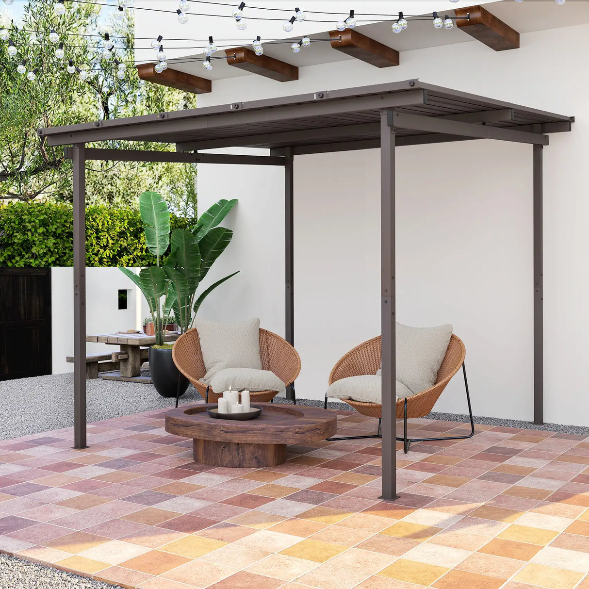 Outsunny 3 x 3(m) Garden Pergola with Waterproof Metal Roof, Lean to Pergola Hardtop Gazebo, Wind-resistant Outdoor Sun Shade, Easy to Assemble